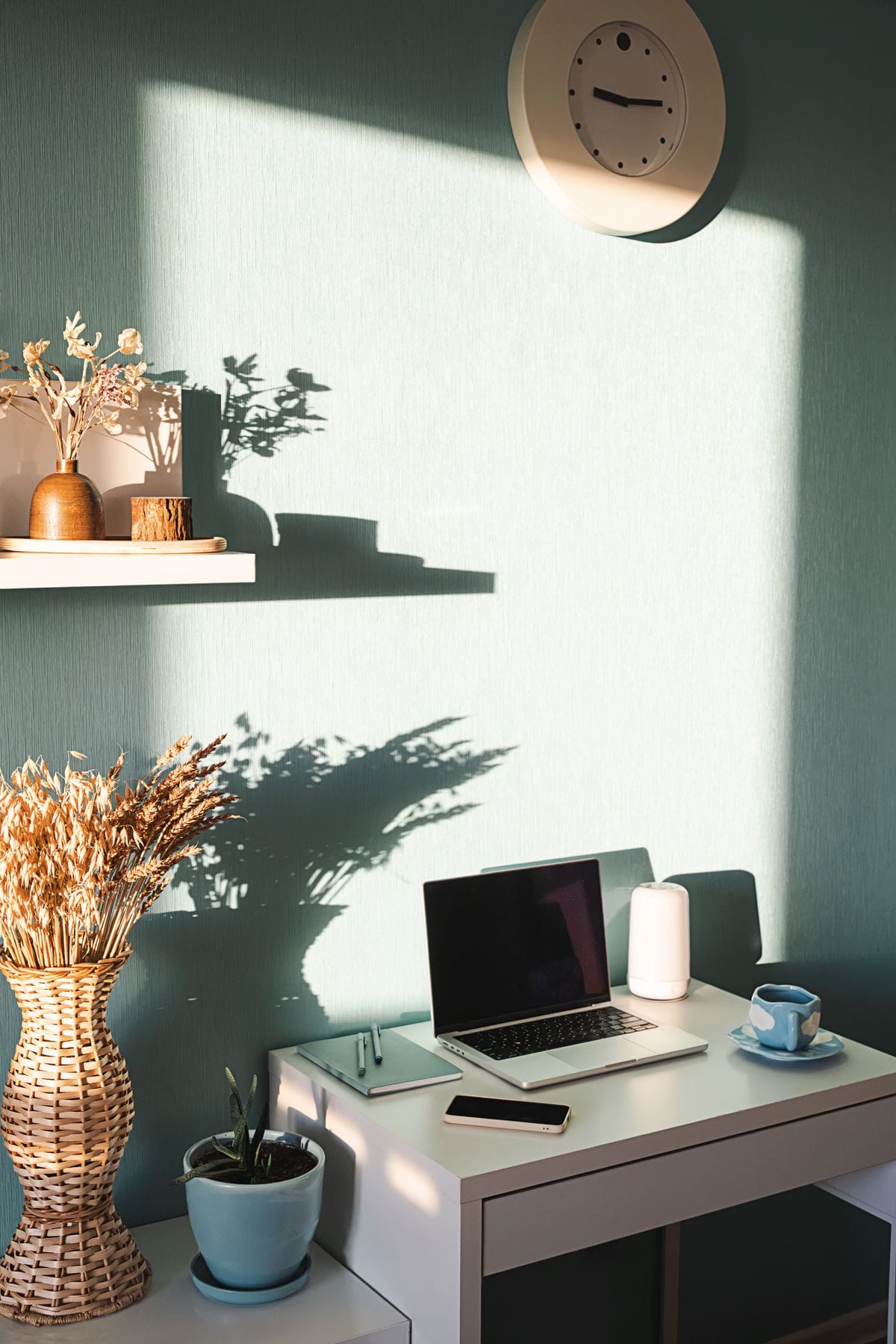 A tidy home office in low afternoon sun: a laptop, dried grasses in a vase, a teal saucer.